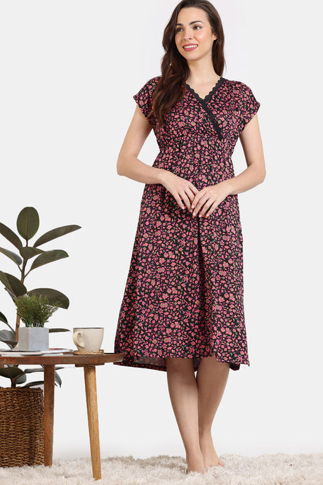 Zivame Floral Tales Knit Poly Mid Length Nightdress Jet Black